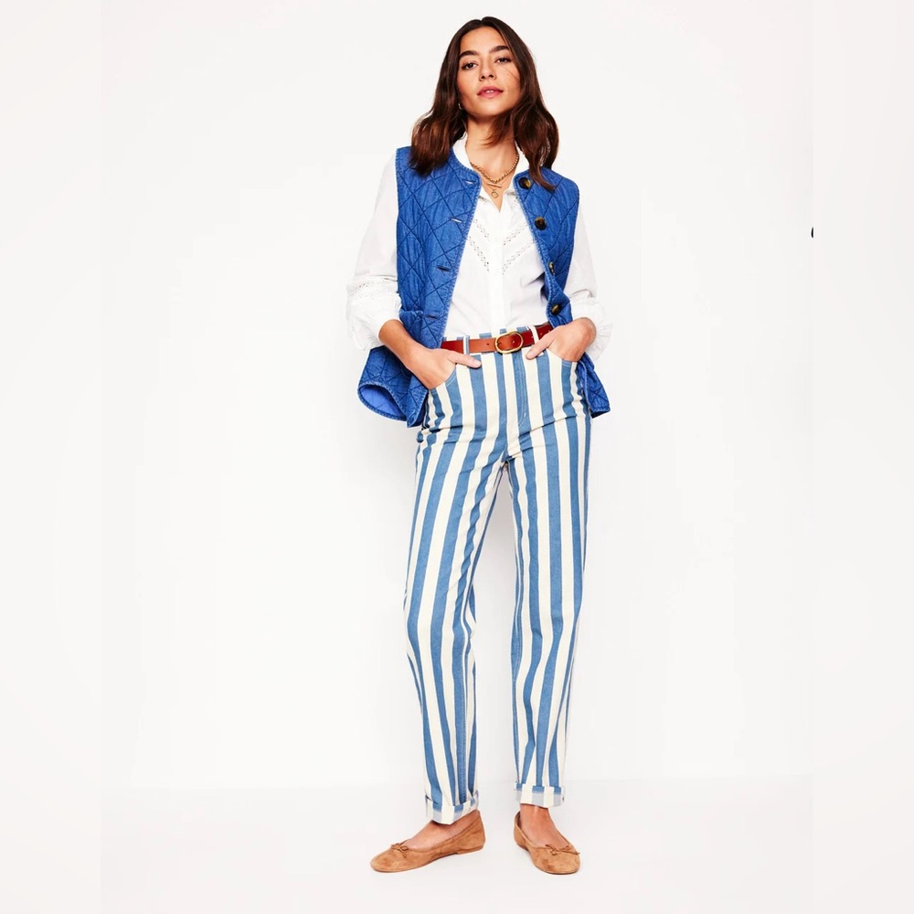 Boden High Rise Blue Stripe Straight Jeans Womens Size 33 Waist Regular